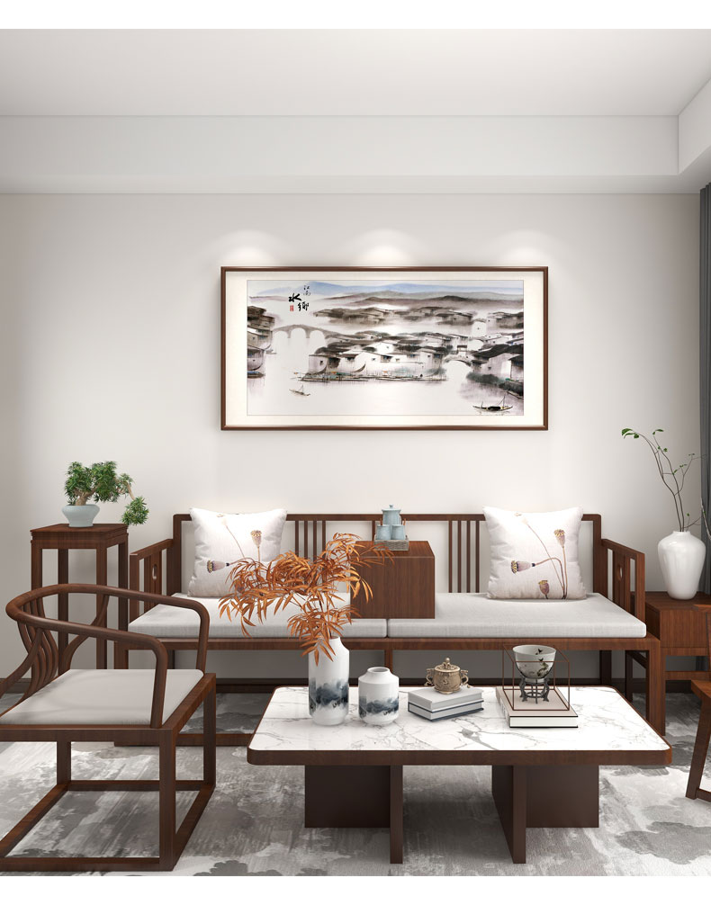 新中式水墨国画江南水乡客厅装饰画书房沙发背景墙挂画横幅山水画22忆