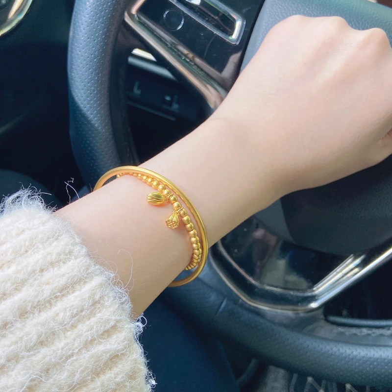 沙金仿真黄金叠戴莲蓬两世欢手链18k金不掉色古法手镯4毫米粗内径60