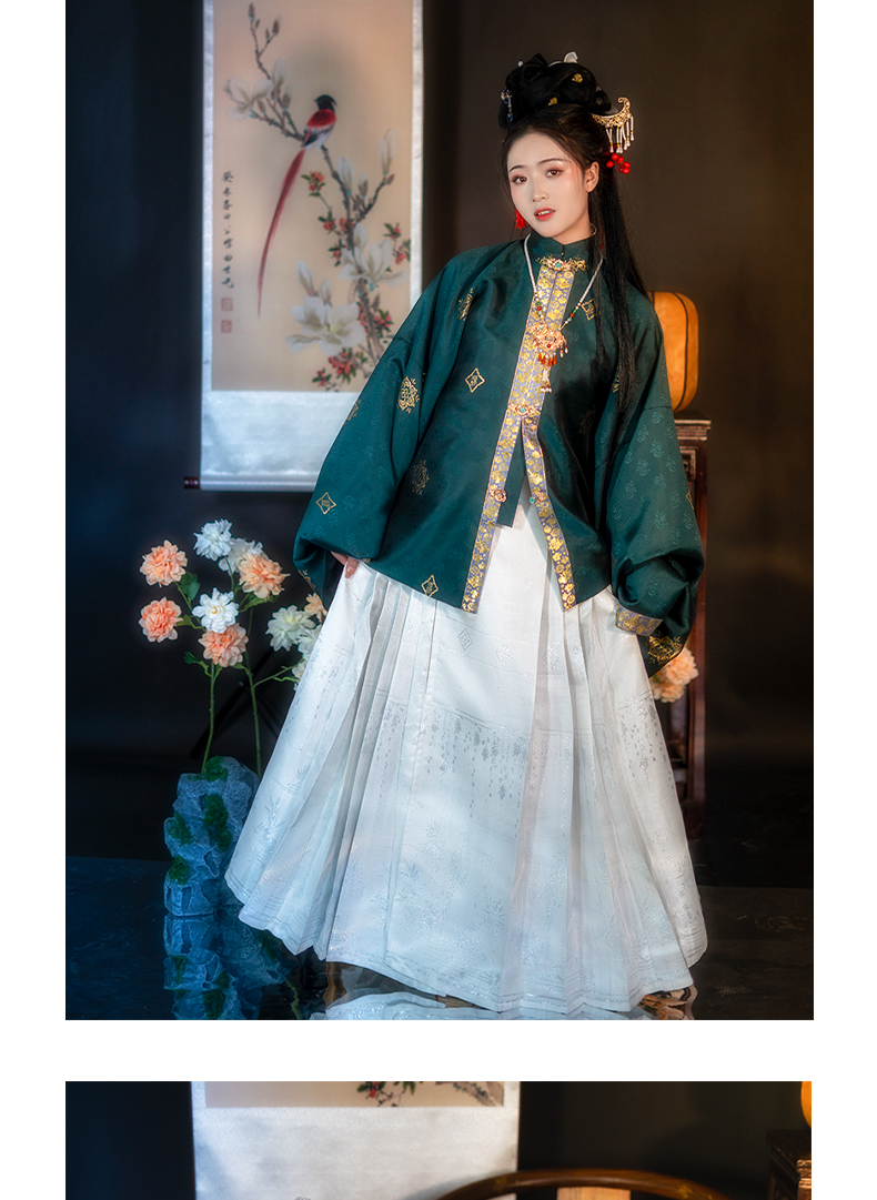 明制汉服设计感卿如故原创白菜汉服明制立领对襟马面裙织银提花暗纹春
