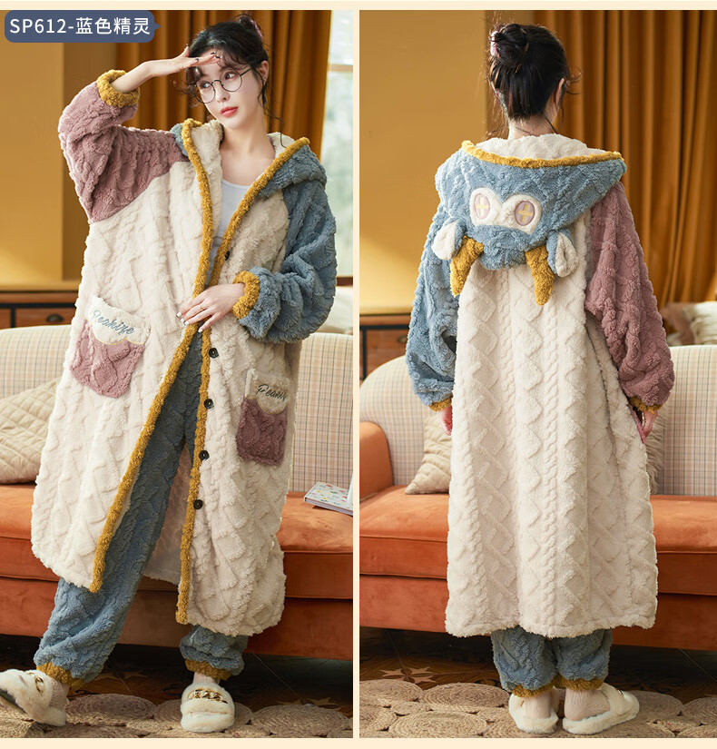 睡衣女秋冬季珊瑚绒可爱卡通可外穿法兰绒加厚睡袍睡裤长款两件套 sp