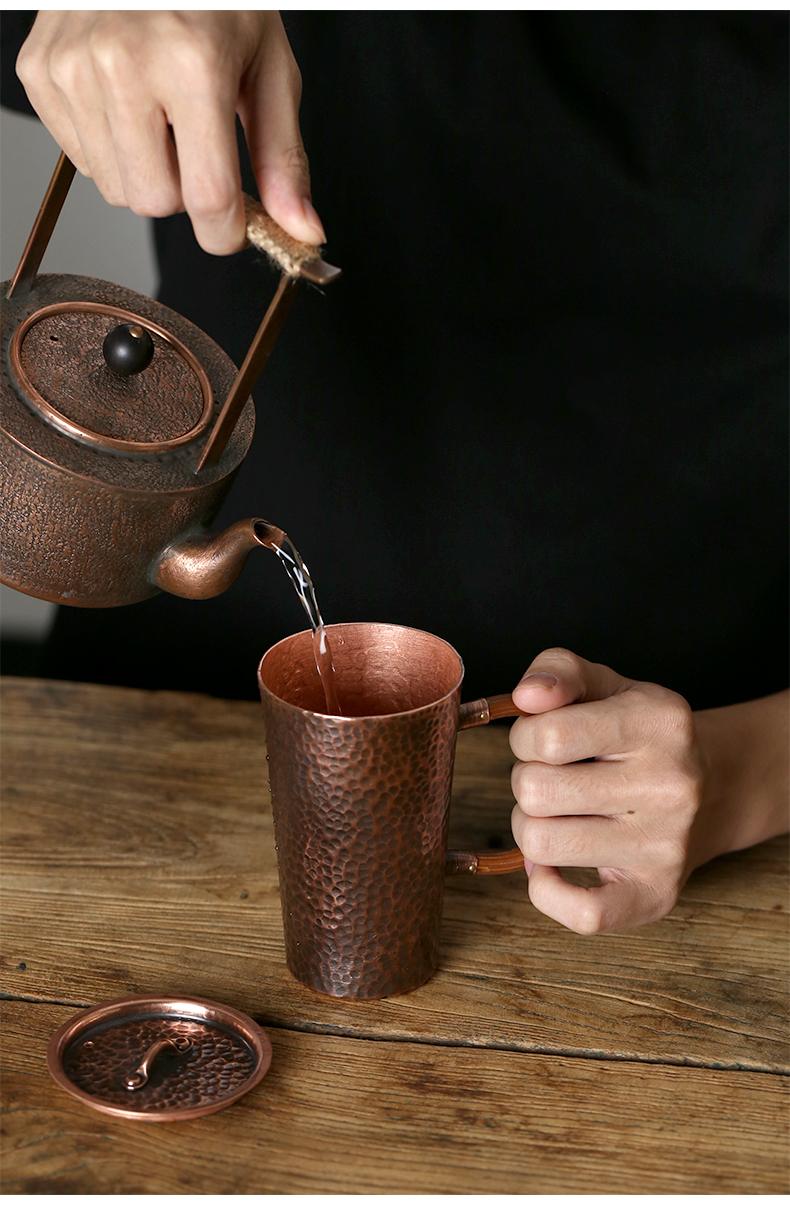 铜茶杯手工紫铜马克杯复古茶杯加厚创意铜杯带盖水杯铜咖啡杯润裕鱼
