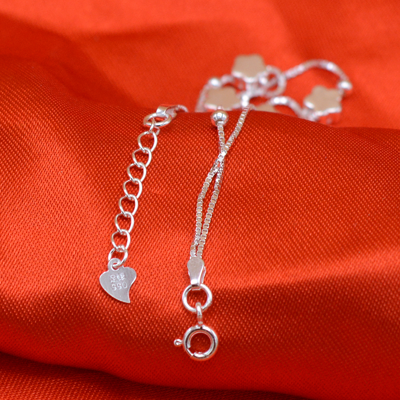 银饰990足银手链 光面梅花手链 女款银手环 时尚个性盒仔链 银手链 银