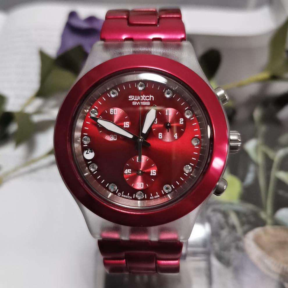 swatch斯沃琪原装情侣中性铝带超轻三眼多功能大表盘石英手表 红色