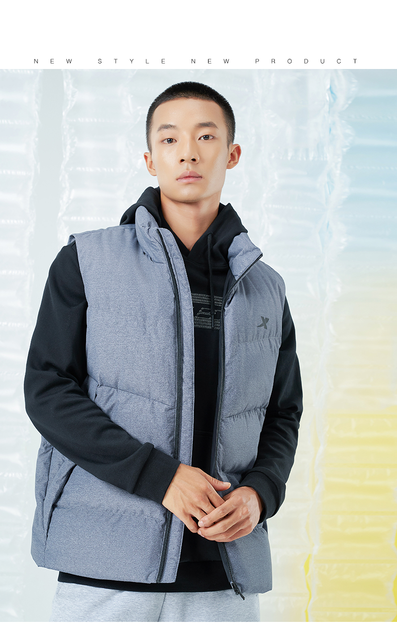 特步羽绒服马甲男外套2021冬季男装坎肩加厚背心立领保暖运动外套 黑