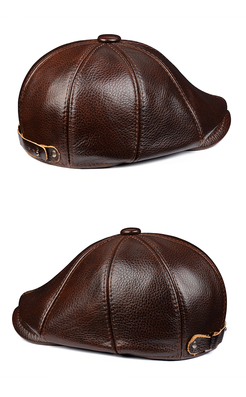 大老板皮帽八角帽真皮帽子男女款秋冬贝雷帽复古皮帽子画家帽 黑色