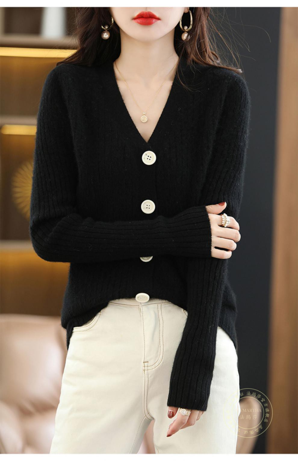 开衫女2022年春季新款v领长袖纽扣上衣宽松纯色羊毛衫针织外套黑色m