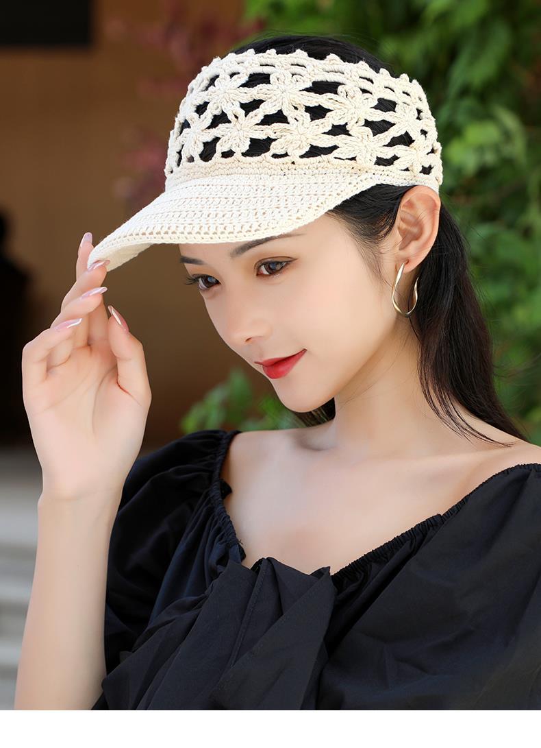 冒子春秋季春秋薄款镂空手工钩花帽子鸭舌针织百搭空顶帽女编织女士