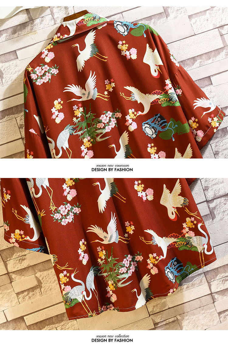 花花公子夏威夷夏季沙滩衬衫浮世绘羽织外套男士风花胖子大码冰丝短袖