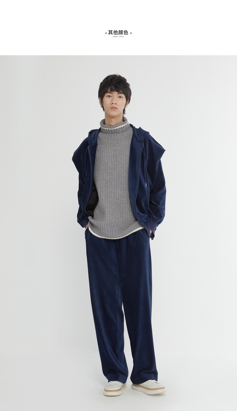 bosie石津川2021冬季新款卫衣男灯芯绒条纹拉链式纯色连帽外套潮黑色