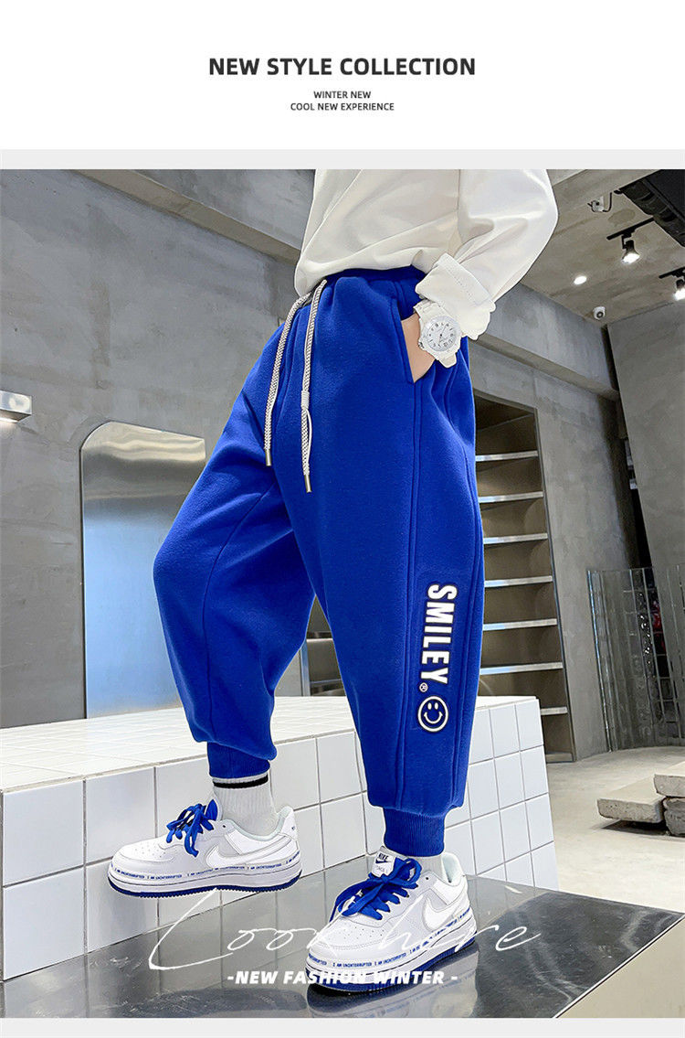 男童一体绒裤子加绒加厚新款运动裤秋冬季中大童保暖休闲卫裤蓝色反光