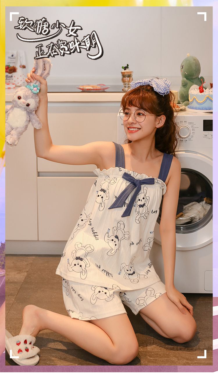 莫卡妮雪新品少女睡衣夏季学生居家服女薄款带胸垫bra睡衣女夏季薄款