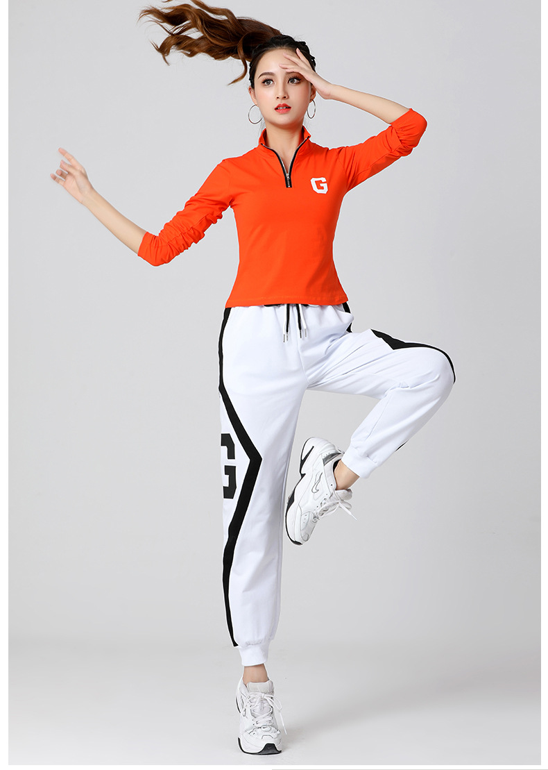 套装女大码宽松跑步运动服棉跳舞健身操服装女yd25红色短袖白色裤s