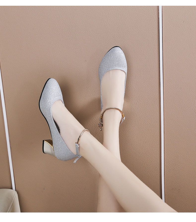 高跟鞋高跟鞋学生十八岁女粗跟银色圆头日常可穿伴娘鞋礼服新娘水晶婚