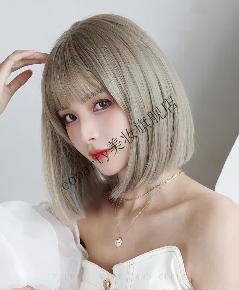假发女夏季短发薄款全头套式减龄锁骨自然仿真圆脸假发套灰lolita自然