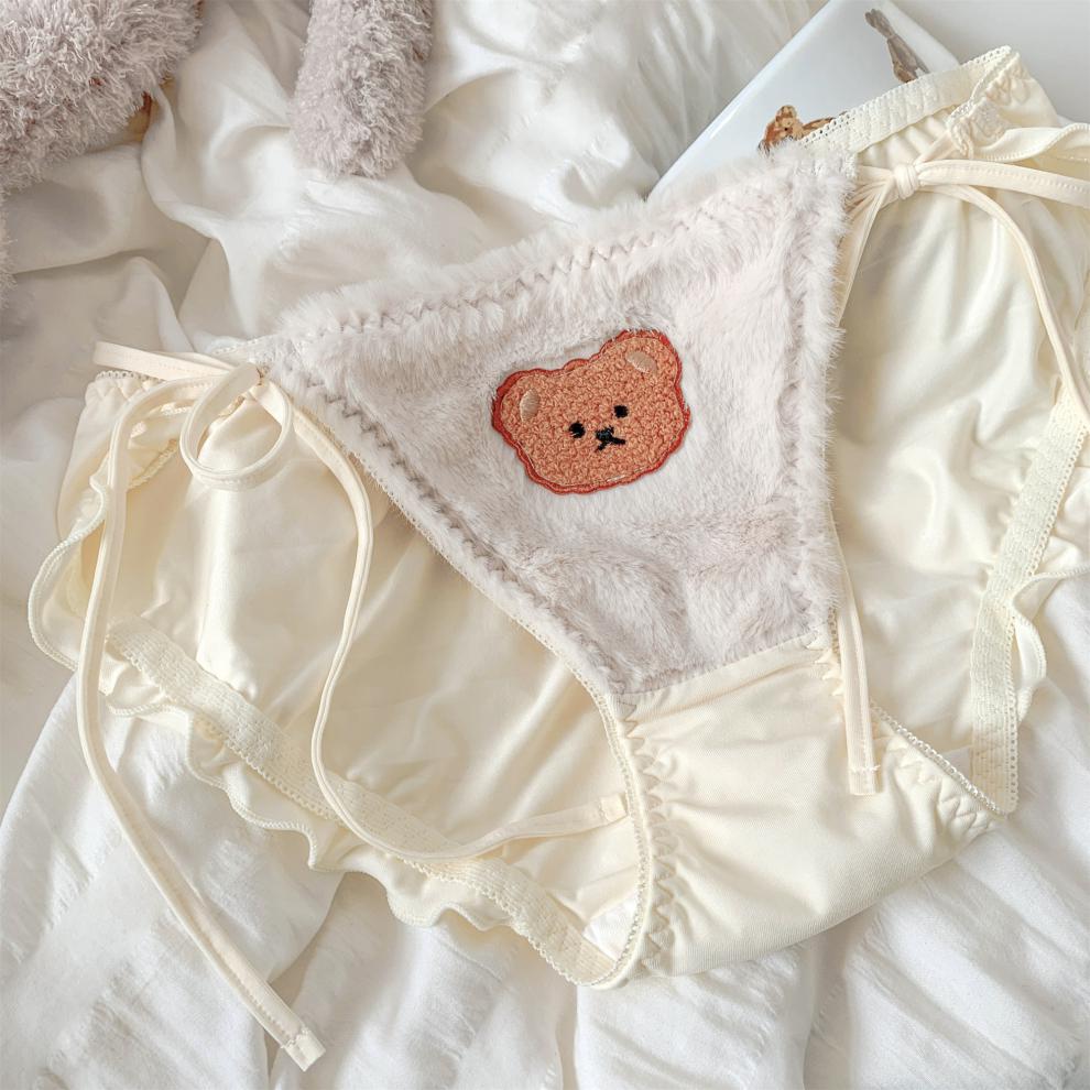系带内裤女奶绒小萌熊系带低腰日系可爱女士女生内裤女 奶白 m【图片
