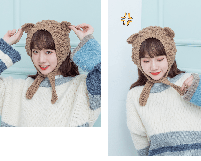 软萌毛线帽女韩版潮秋女冬天保暖厚耳罩护耳包帽子耳朵卡其均码5558cm
