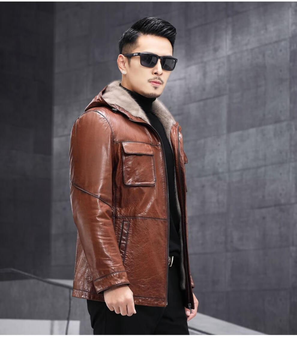 真皮皮衣男冬季整貂水貂毛内胆貂皮大衣中长款皮毛一体外套厚 棕色