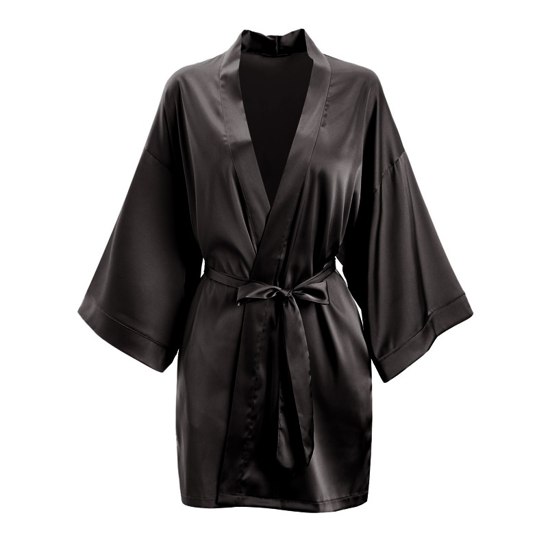真丝睡衣春夏晨袍浴袍性感睡衣长袖睡袍和服式系带外袍家居服女黑色