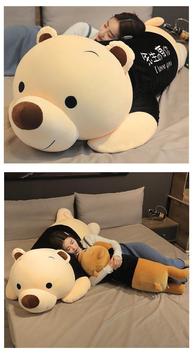 可爱女孩床上睡觉抱枕娃娃超大摆件米熊灰条纹60厘米柔软不掉毛棉填充