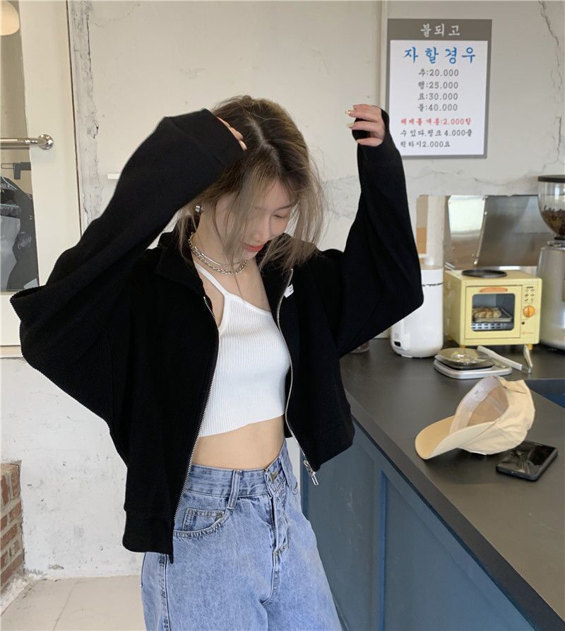 秋季韩版潮学生原宿风慵懒辣妹上衣宽松ins针织衫短款双拉链外套黑色