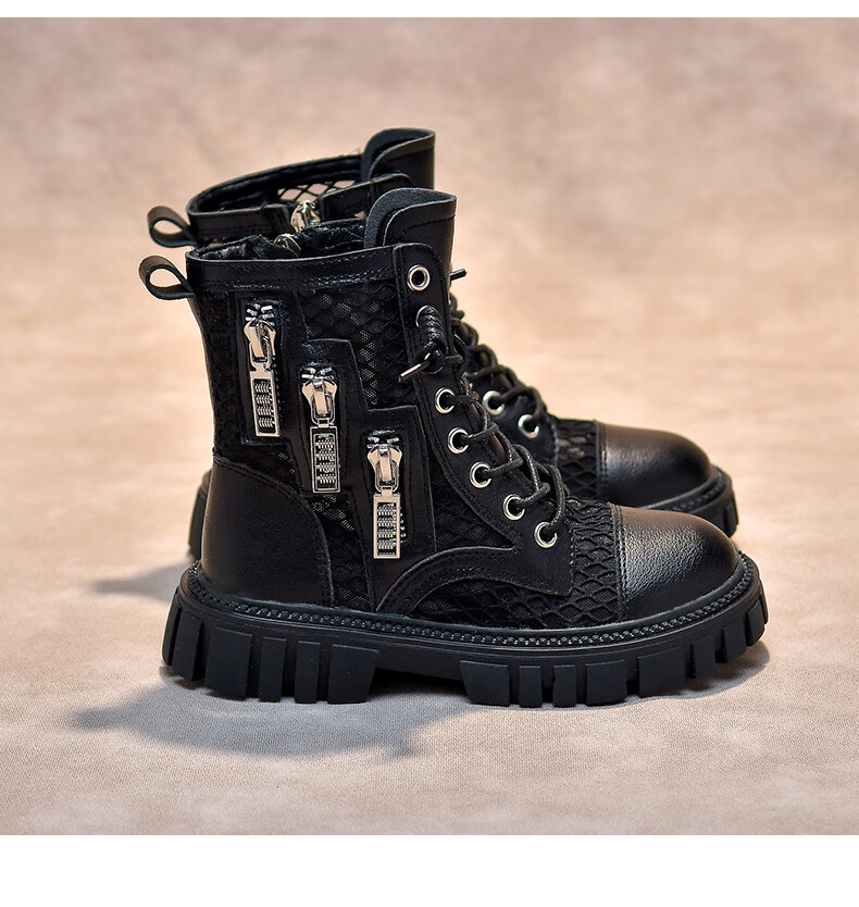 迪士尼disney新品海宁女童马丁靴年夏季新款男童透气镂空薄款靴子黑色