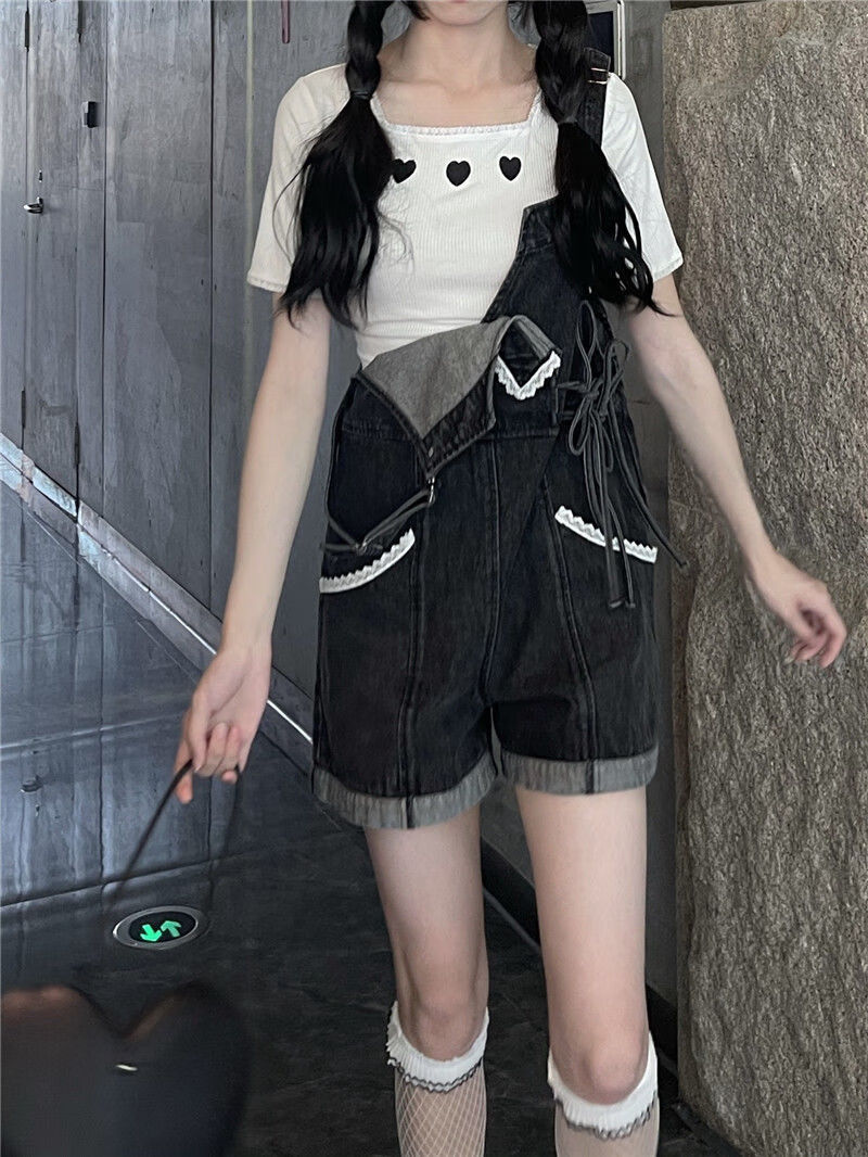 普蒂萱复古纽扣纽扣盐系牛仔背带短裤女夏季薄款bf宽松直筒高腰阔腿裤