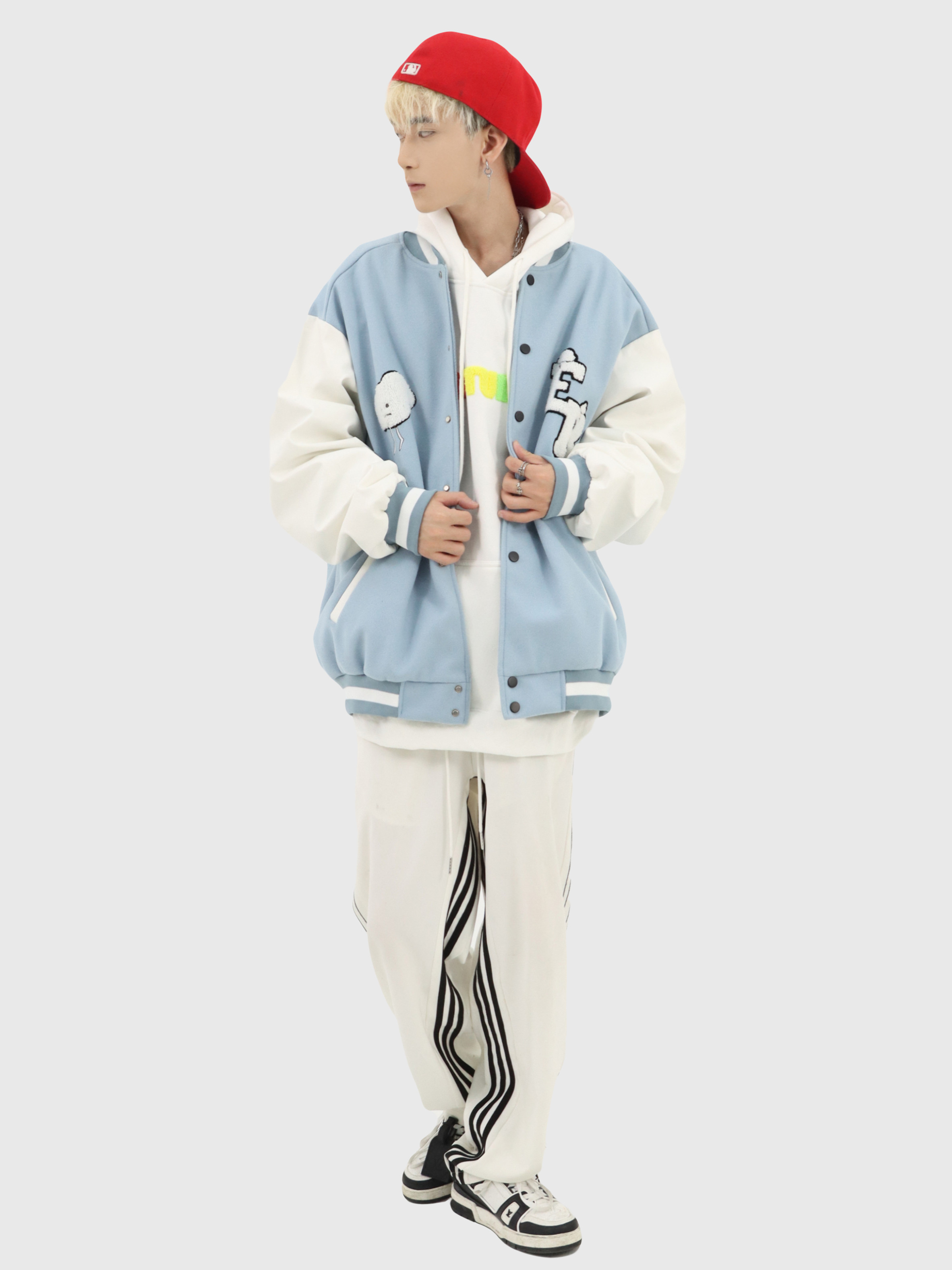 蓝天白云棒球服自制ins潮植绒巾绣夹克外套男女潮吉诺丰京天蓝色sky