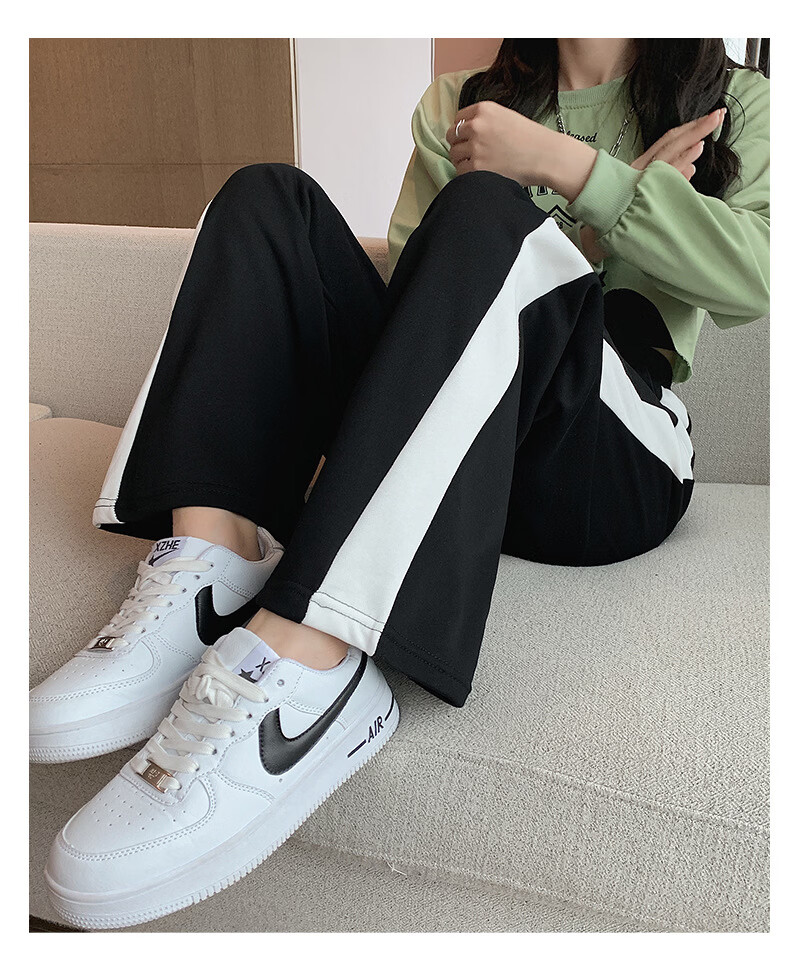 侧白条阔腿裤女2022新款低腰垂感ins潮卫裤休闲港风运动裤子 黑色 m