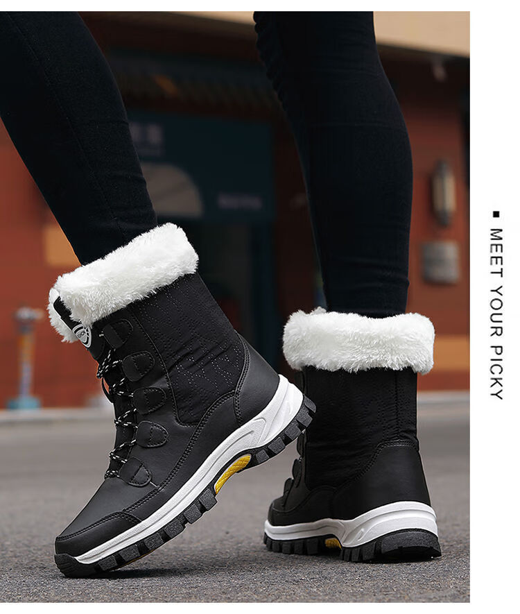 女士冬季新款高帮北棉鞋加绒加厚保暖防水防滑中筒雪地鞋靴女黑色868