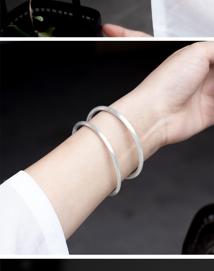 京选品质520礼物古法银手镯女简约实心哑光亮面雪花银素圈细圈镯子