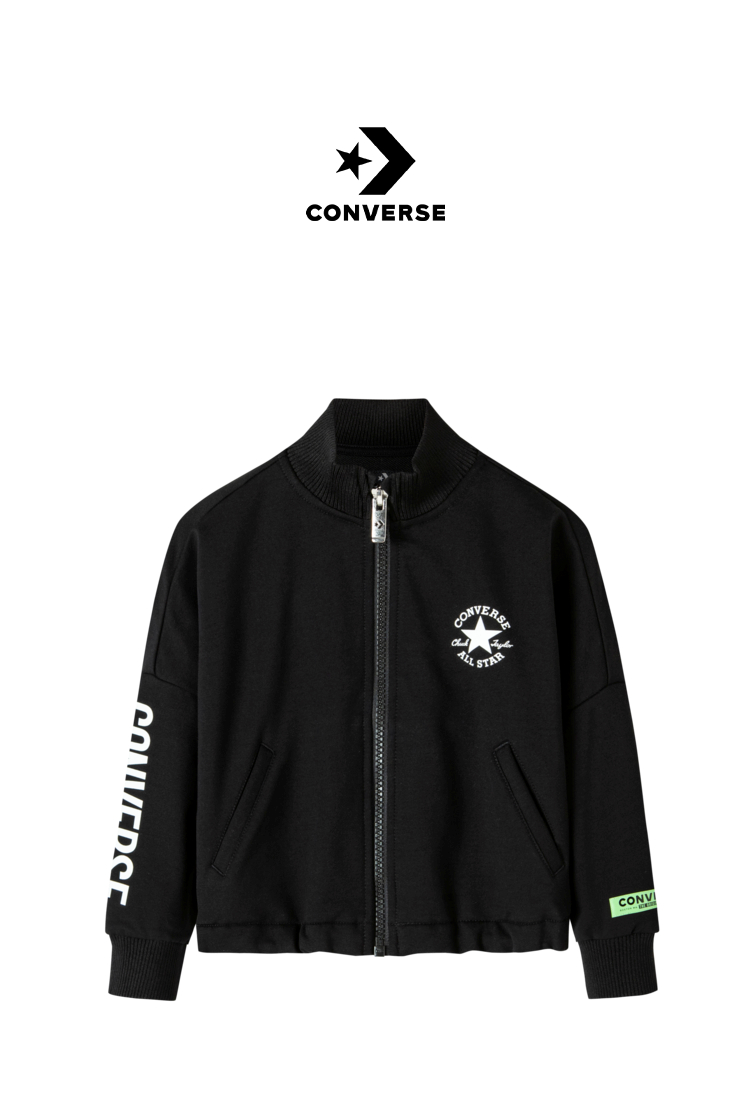 converse 匡威童装女童短款针织夹克春秋儿童休闲上衣外套 正黑色 140