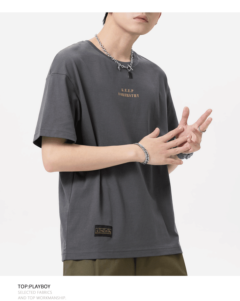 花花公子深灰圆领短袖t恤男士工装上衣夏季薄款纯棉休闲半袖体恤x099