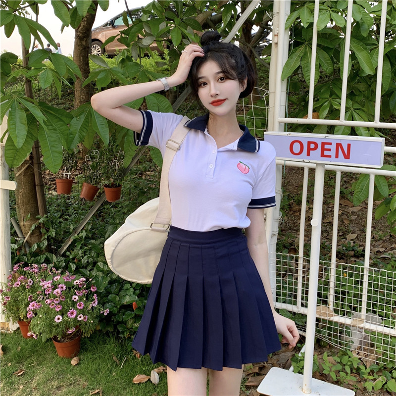 大学生初中高中生少女jk制服女夏季洋气套装学院风韩版polo领短袖t恤