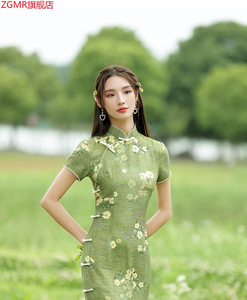 636665高档品牌zgmr绿色旗袍长款夏季2022年新款复古中国风老