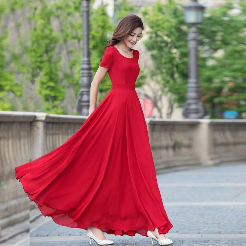 长裙夏连衣裙女2021新款气质雪纺修身沙滩裙大摆显瘦裙子超长款红色