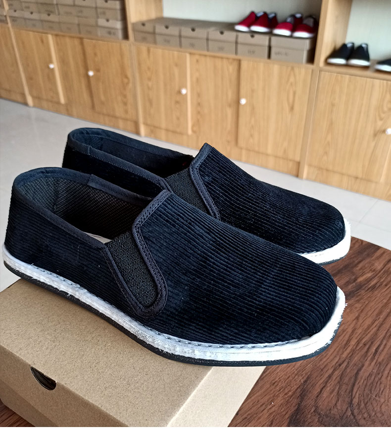 轮胎底布鞋千层布鞋男条绒松紧口圆头透气舒适黑色灯芯绒耐磨底 黑色