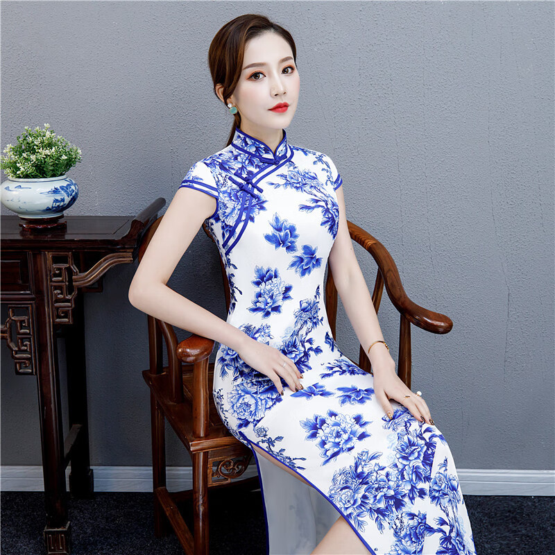 中国风青花瓷旗袍长款20夏短款年轻立领日常丝绸长款连衣裙显瘦女装