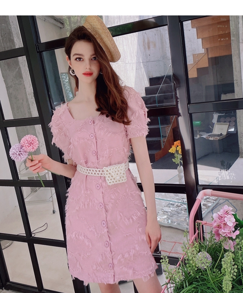 粉红大布娃娃短袖连衣裙女夏新款气质休闲时尚通勤裙子浅粉色m
