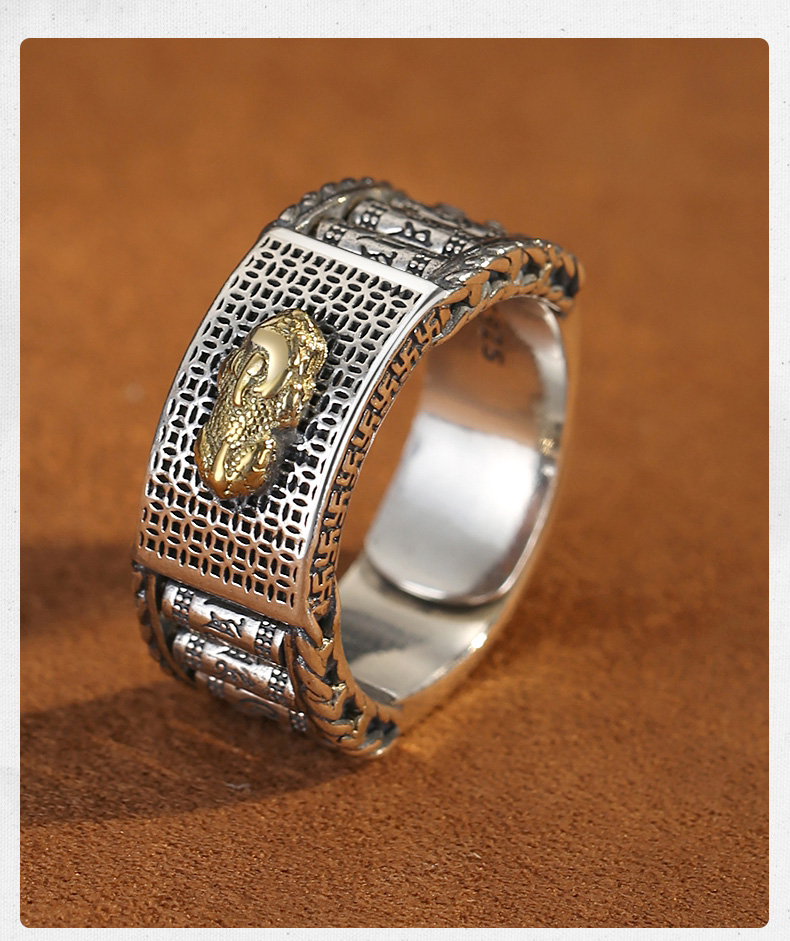 老凤祥款式 路路通貔貅戒指纯银男士复古六字真言转动珠戒子情侣潮人