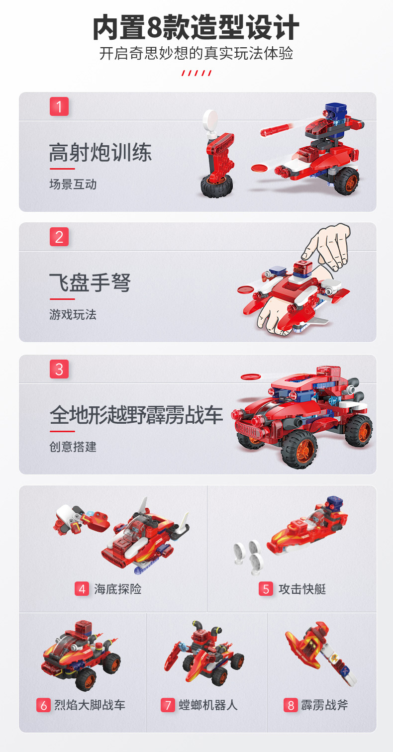 布鲁可积木百变布鲁克战队机甲大颗粒拼插玩具车冰蓝战锤赤红闪电