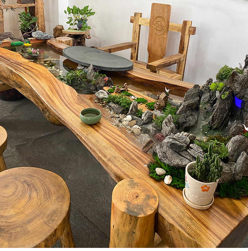 资瑞轻奢品牌香樟木循环流水茶台新中式禅意景观一体茶桌异形根雕曲水