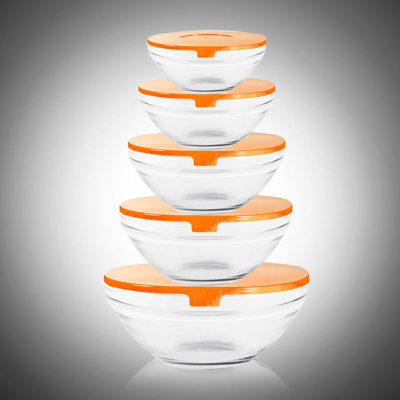 菲斯顿五只装带盖玻璃碗耐热五件套带盖冰箱存储保鲜水果沙拉碗低温