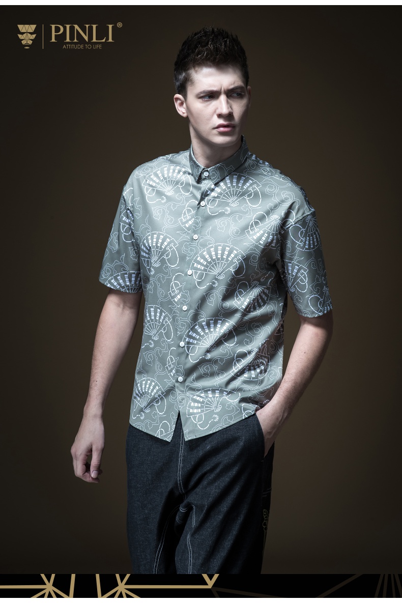 pinli品立夏季新款男装中袖衬衣印花短袖衬衫上衣b192513542 黑色