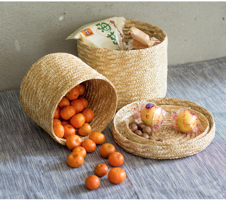 草编带盖收纳筐 厨房菜蓝桌面零食水果储物篮田园编织杂物整理盒 小号