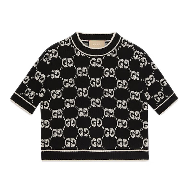【包税】GUCCI/古驰23秋冬新款 女士米黑色羊毛提花GG印花短袖短款毛衣770059XKCNA1289