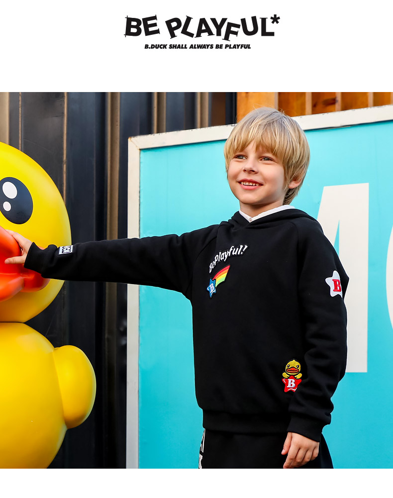 duck童装男童连帽卫衣冬新款潮长袖中小童洋气卫衣儿童运动外套 黑色