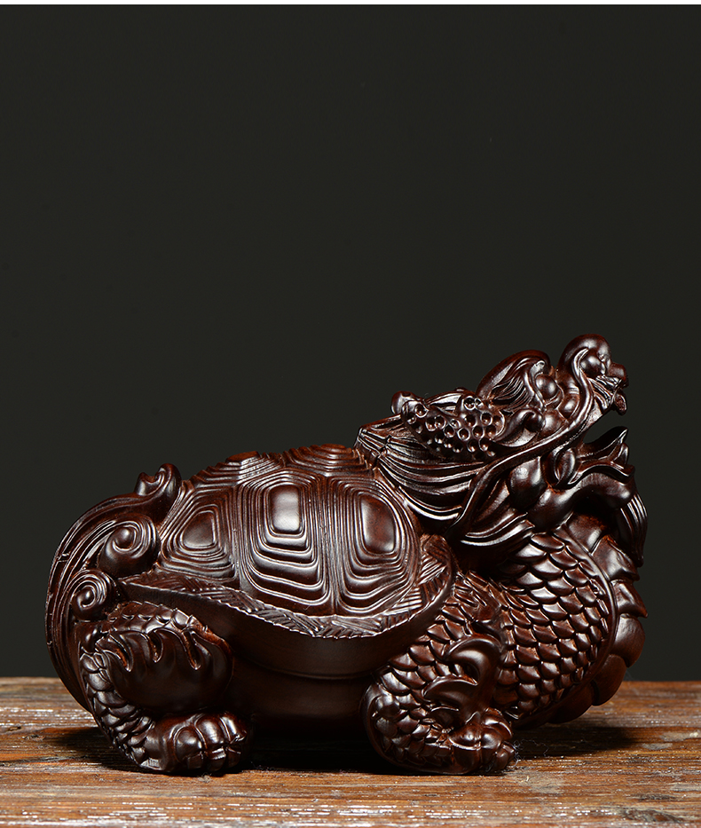 唐砖黑檀木雕龙龟摆件红木雕刻工艺品实木龙头龟玄武家居办公装饰摆设