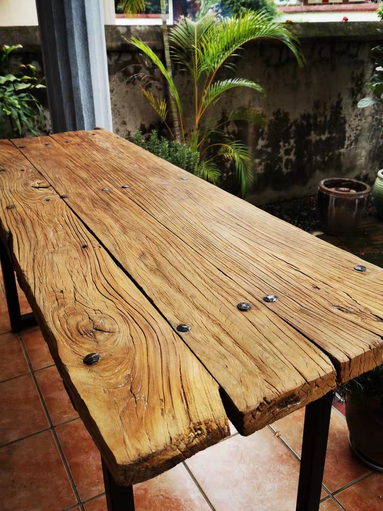 家得势 老榆木茶桌风化木板原木吧台桌复古老榆木实木圆桌餐桌老门板