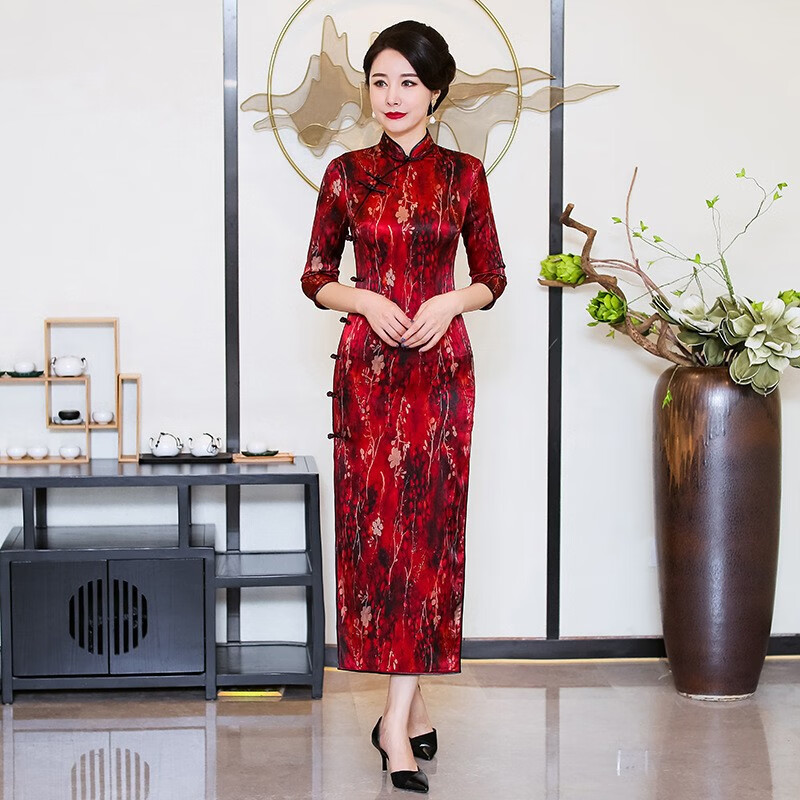 码高端七分袖旗袍 黑红色 s【图片 价格 品牌 报价】-京东