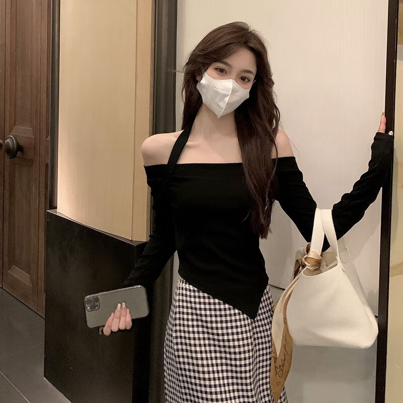 购时代辣妹直播上衣服女主播服装上镜性感露肩超仙气质短款长袖t恤女